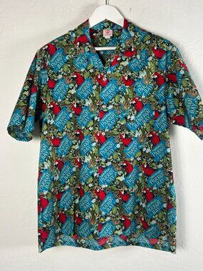 Vintage Scorpio Mens Hawaiian Captain Morgan's Parrot Bay Shirt Large Blue USA